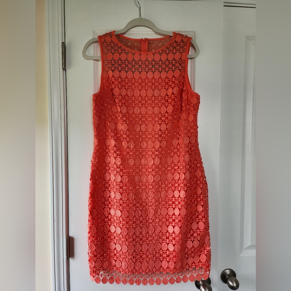 Ralph Lauren Vibrant Coral Mini Dress With Lace Geometric Print Size 12